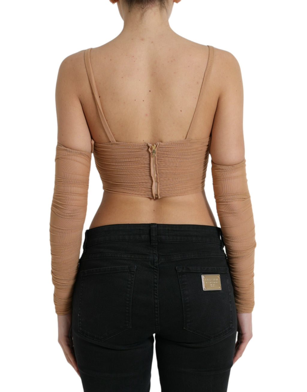 Top court Dolce & Gabbana en nylon stretch marron à épaules dénudées