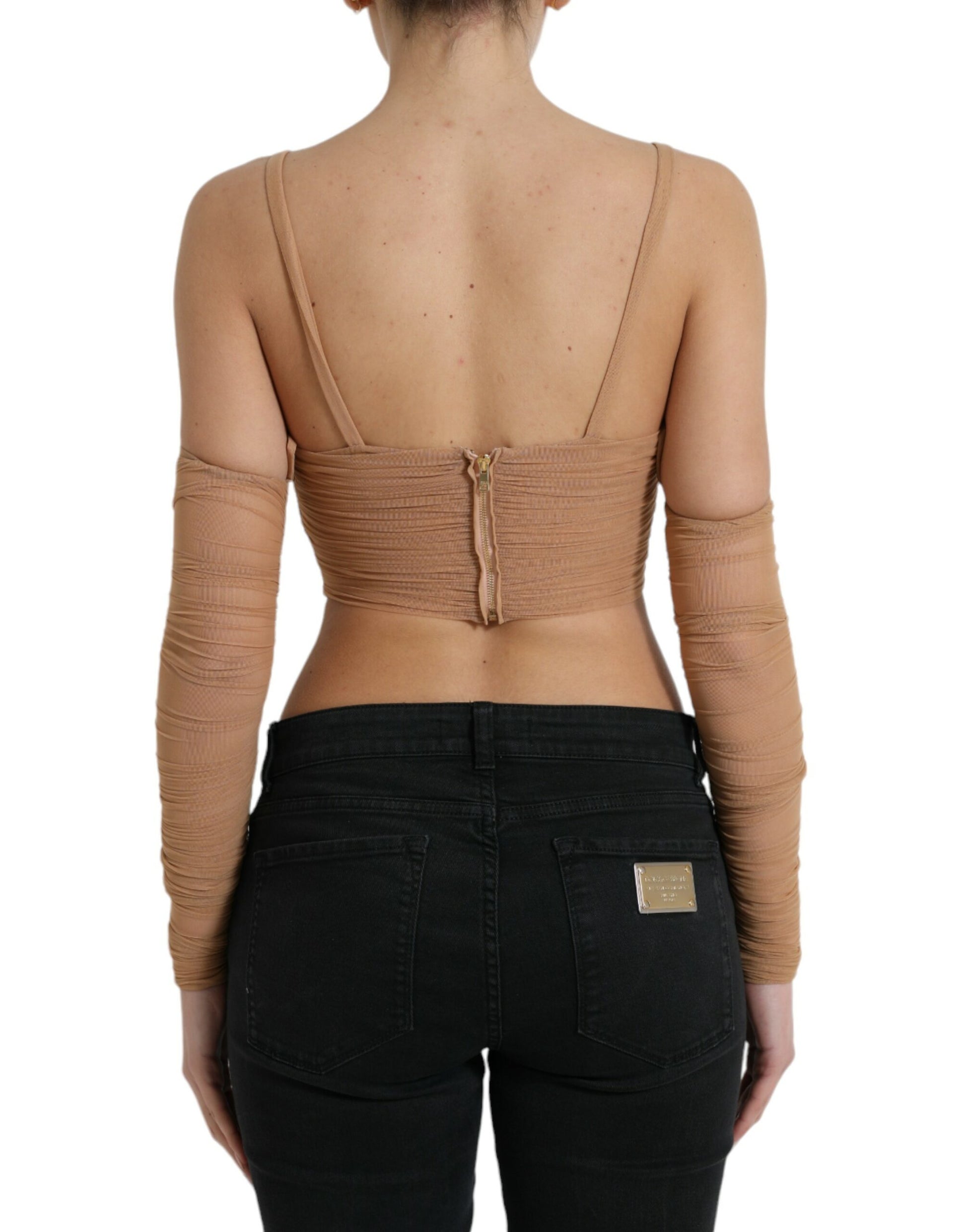 Top court Dolce & Gabbana en nylon stretch marron à épaules dénudées
