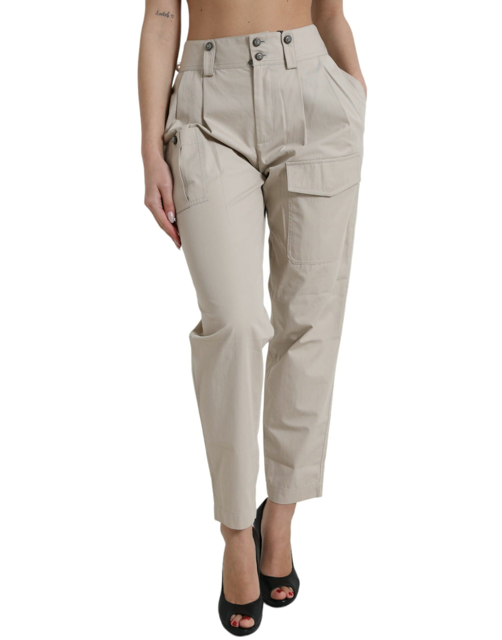 Pantalon fuselé taille haute en coton beige Dolce & Gabbana
