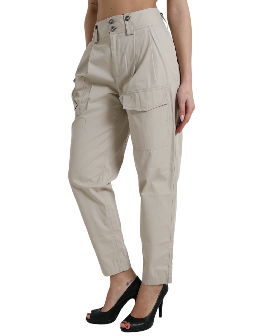 Pantalon fuselé taille haute en coton beige Dolce & Gabbana