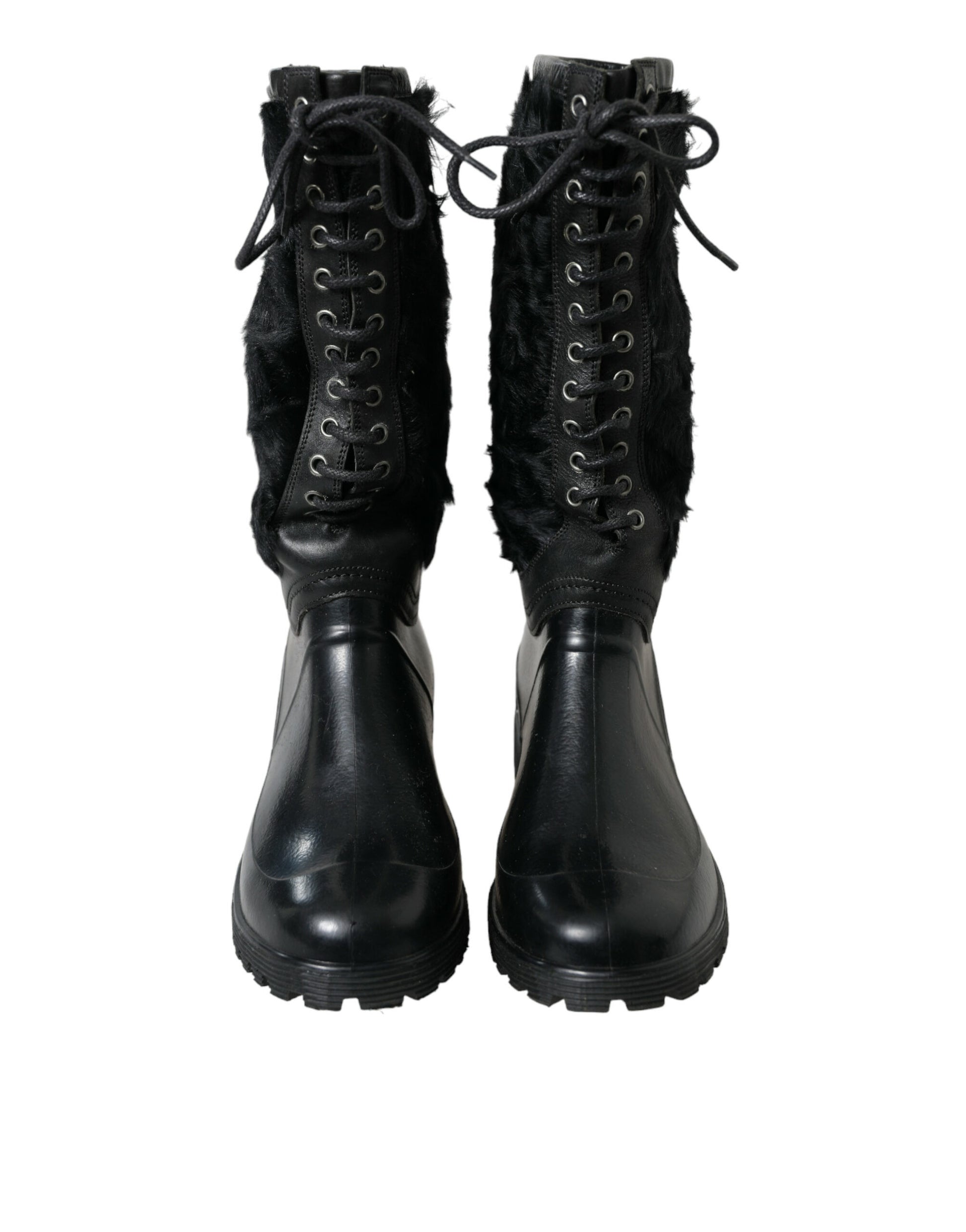 Bottes de pluie Dolce & Gabbana en caoutchouc noir fourrées en peau lainée à lacets
