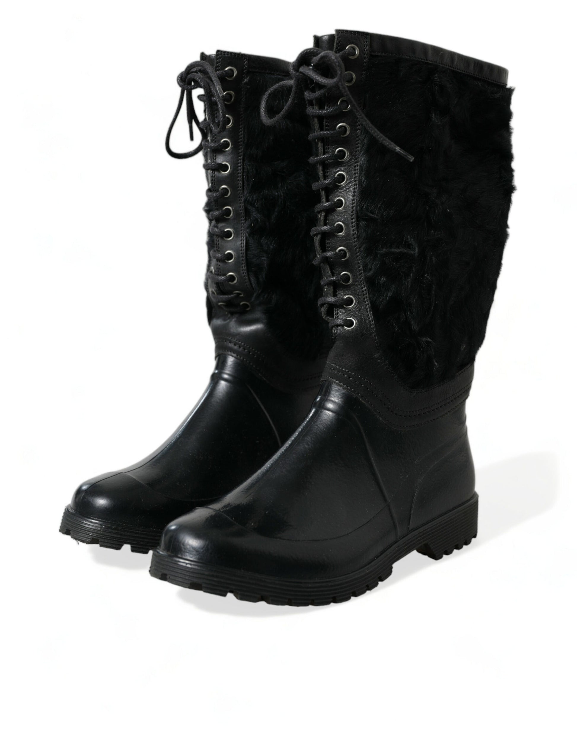 Bottes de pluie Dolce & Gabbana en caoutchouc noir fourrées en peau lainée à lacets