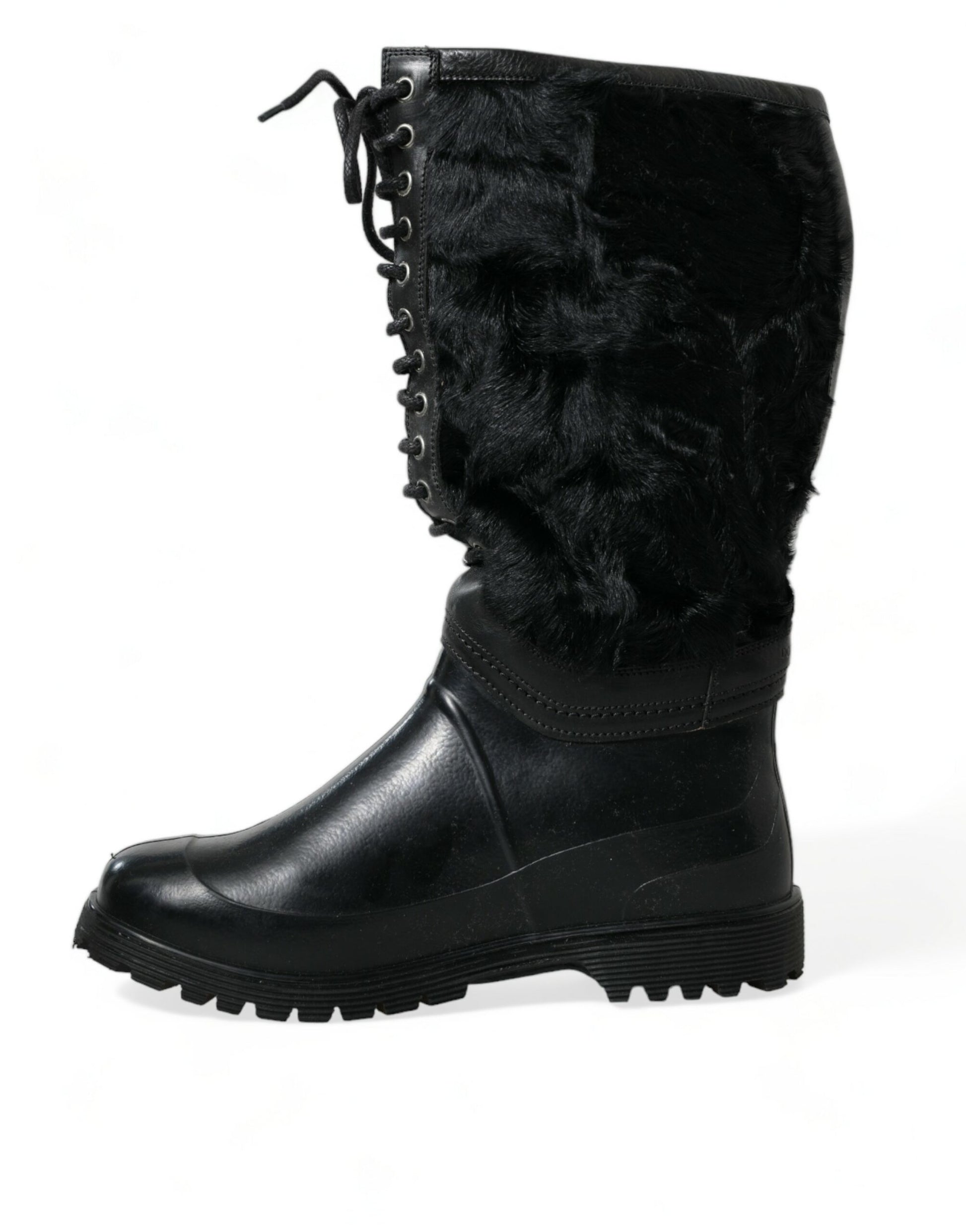 Bottes de pluie Dolce & Gabbana en caoutchouc noir fourrées en peau lainée à lacets