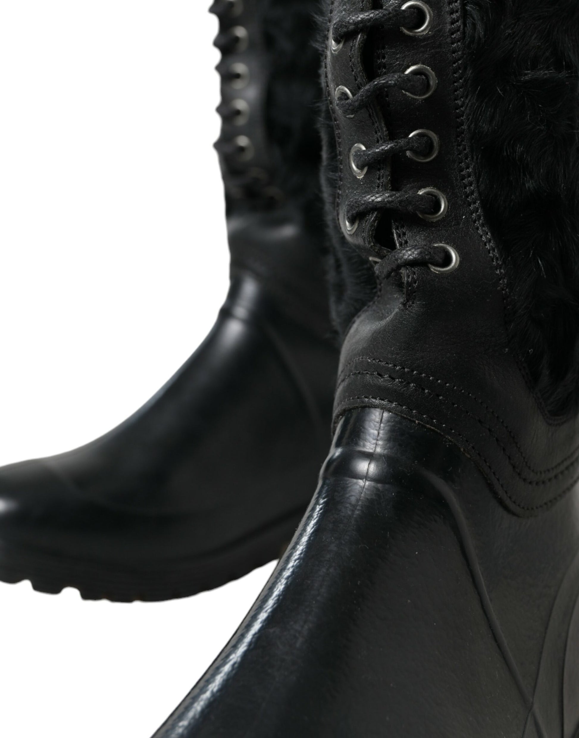Bottes de pluie Dolce & Gabbana en caoutchouc noir fourrées en peau lainée à lacets