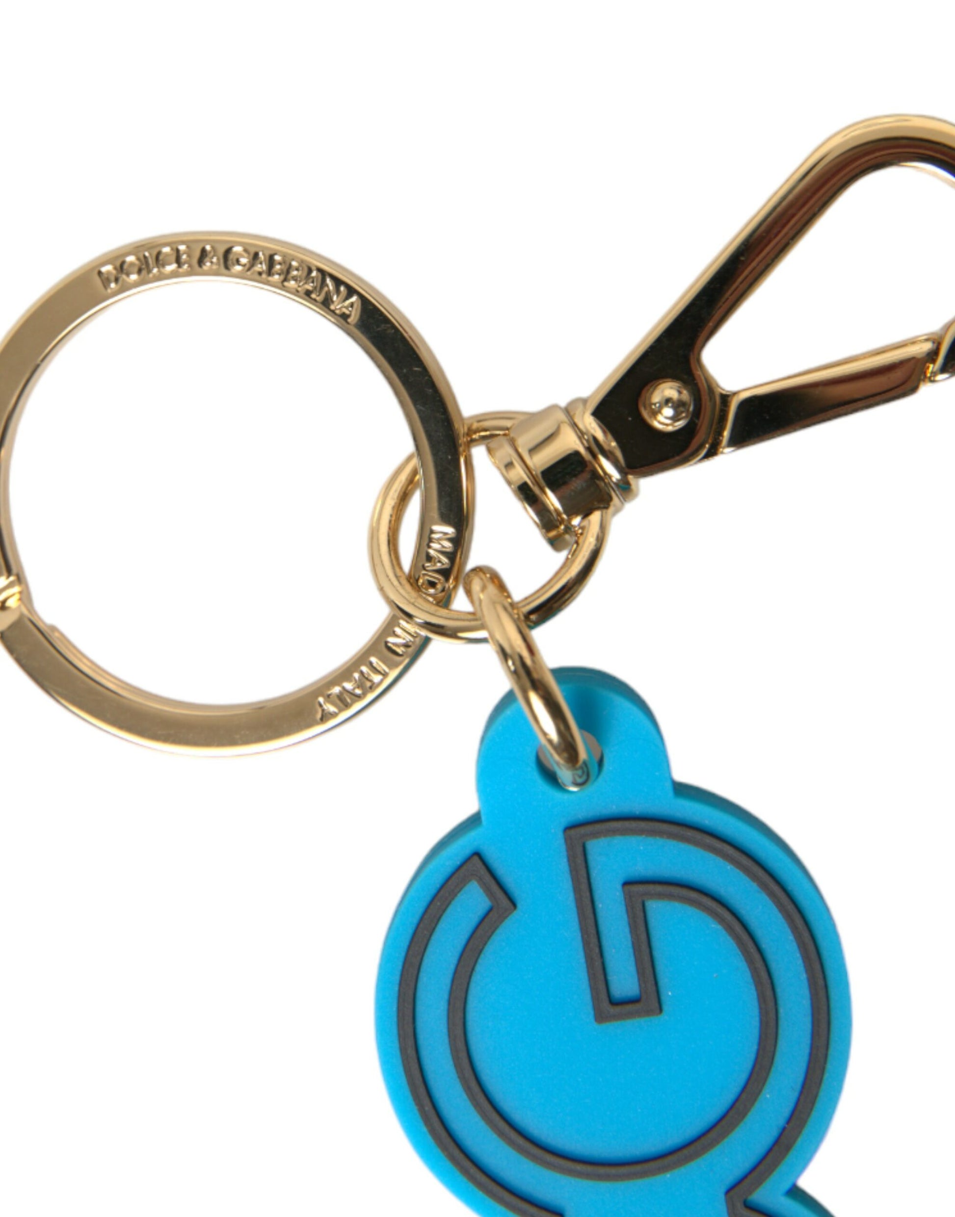 Porte-clés Dolce & Gabbana en caoutchouc bleu et métal doré avec logo DG