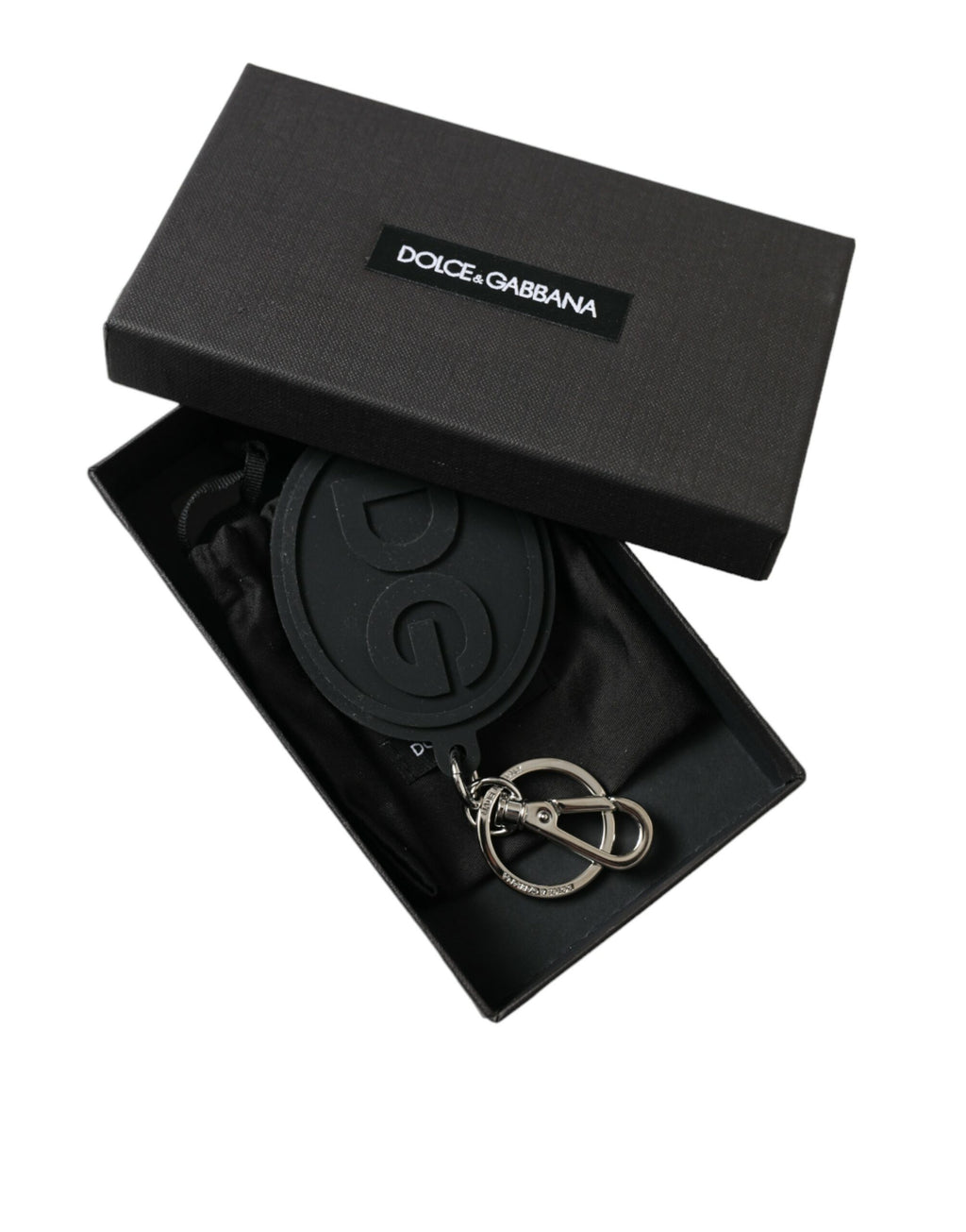 Dolce &amp; Gabbana Schlüsselanhänger mit DG-Logo aus schwarzem Gummi und silbernem Messing