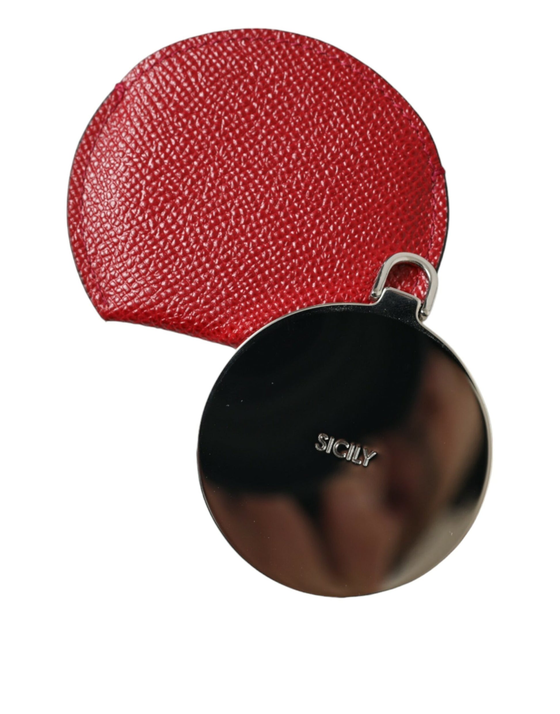 Porte-miroir de poche rond en cuir de veau rouge Dolce & Gabbana avec logo