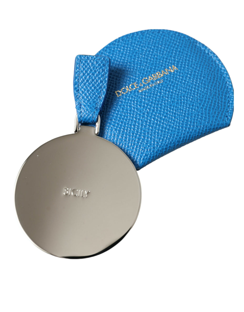 Étui de miroir à main Dolce & Gabbana en cuir de veau bleu avec logo rond