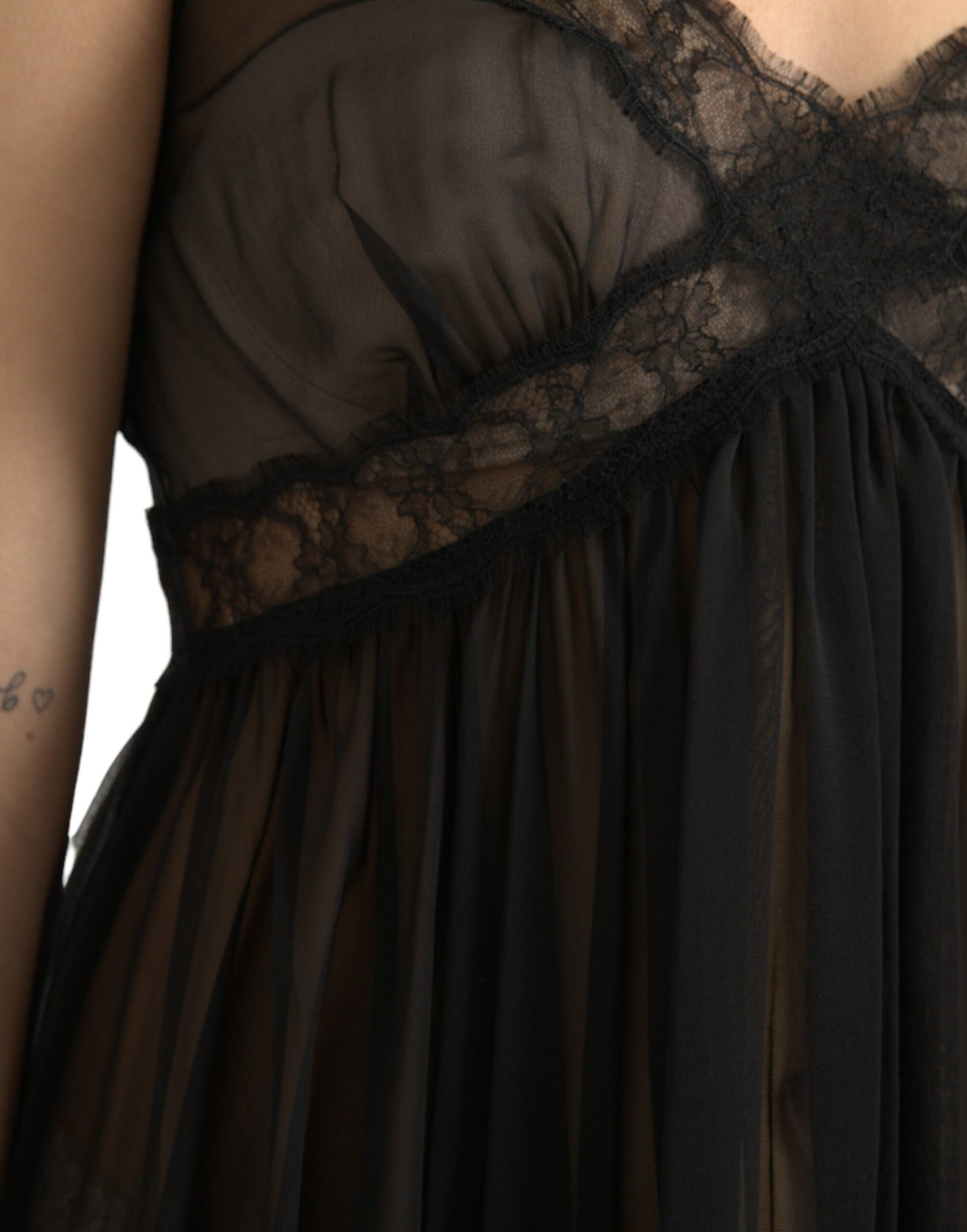 Mini-robe plissée en soie, dentelle et mousseline noire Dolce & Gabbana
