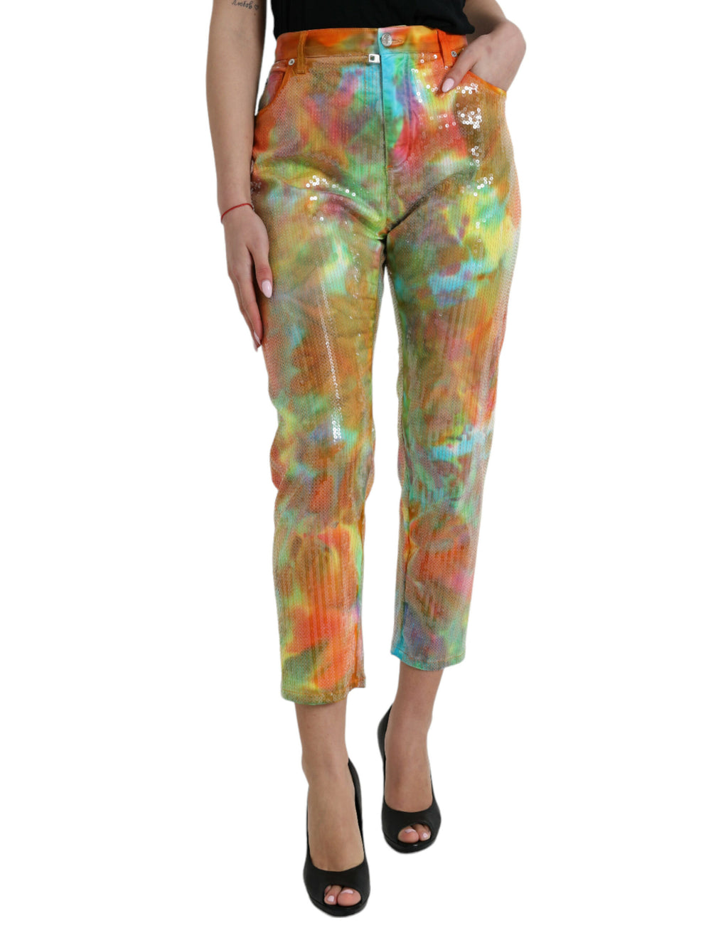 Pantalon Cropped Taille Haute Pailleté Tie-Dye Multicolore Dolce & Gabbana