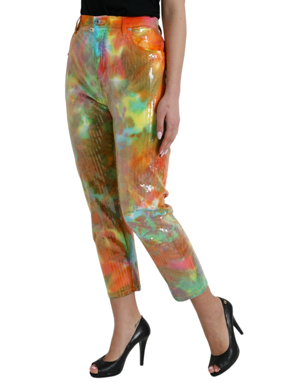 Pantalon Cropped Taille Haute Pailleté Tie-Dye Multicolore Dolce & Gabbana