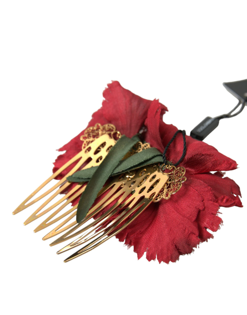 Peigne à cheveux femme en soie rouge, fleurs et laiton doré Dolce & Gabbana