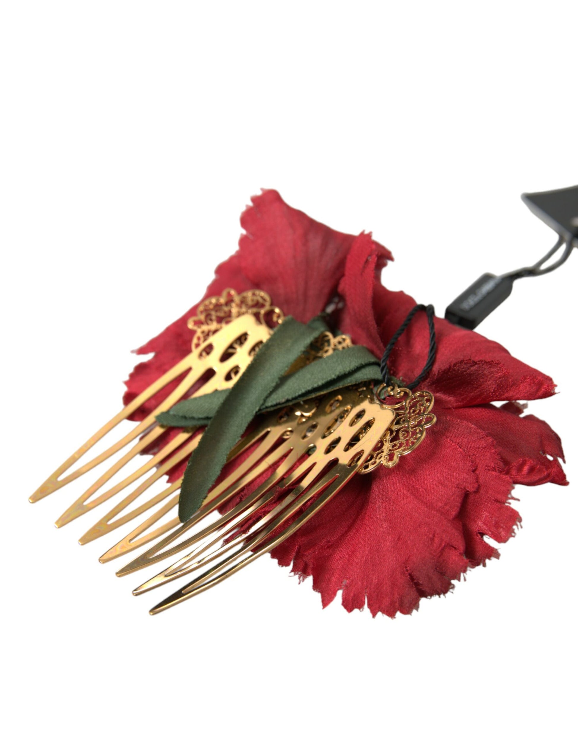 Peigne à cheveux femme en soie rouge, fleurs et laiton doré Dolce & Gabbana