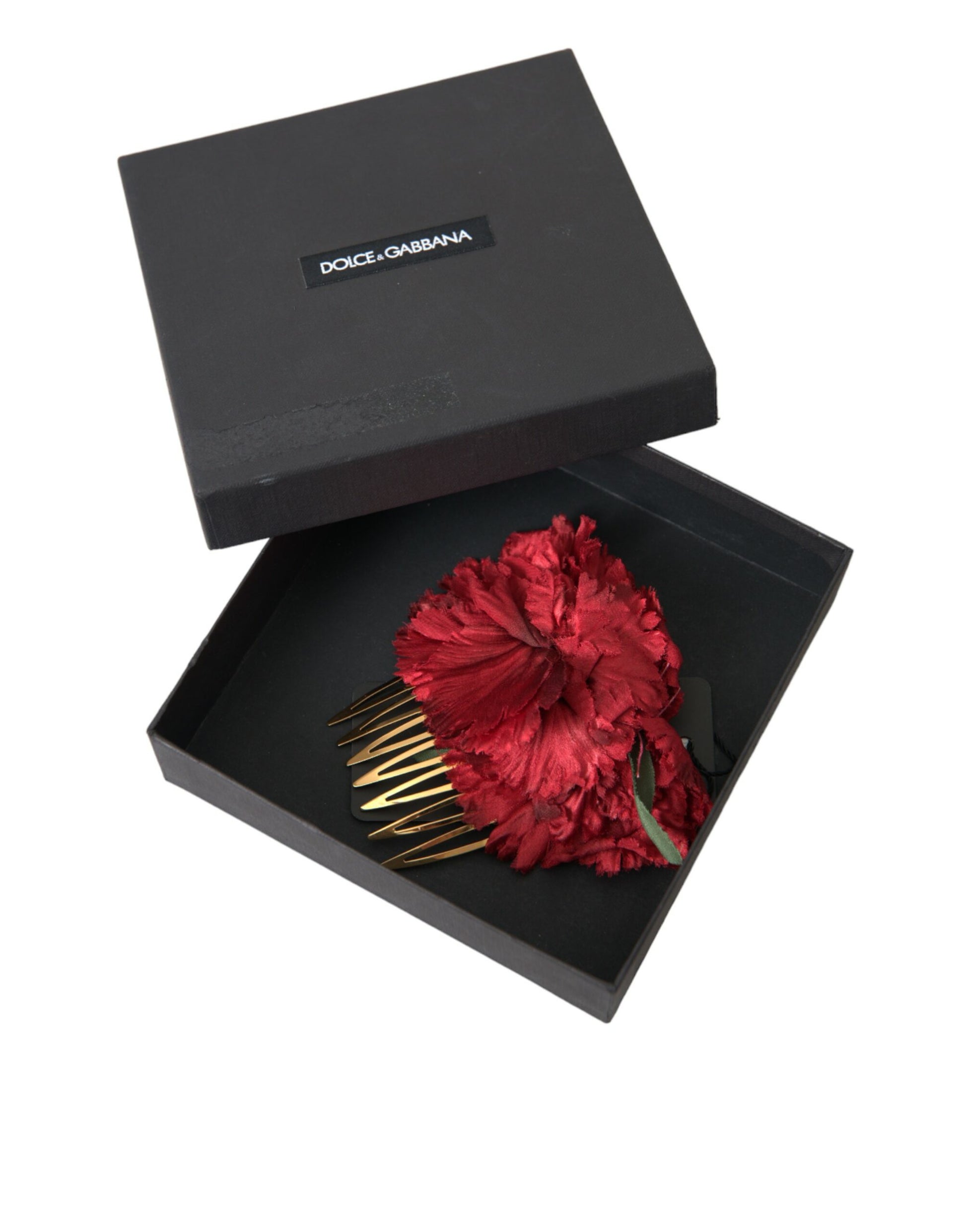 Peigne à cheveux femme en soie rouge, fleurs et laiton doré Dolce & Gabbana