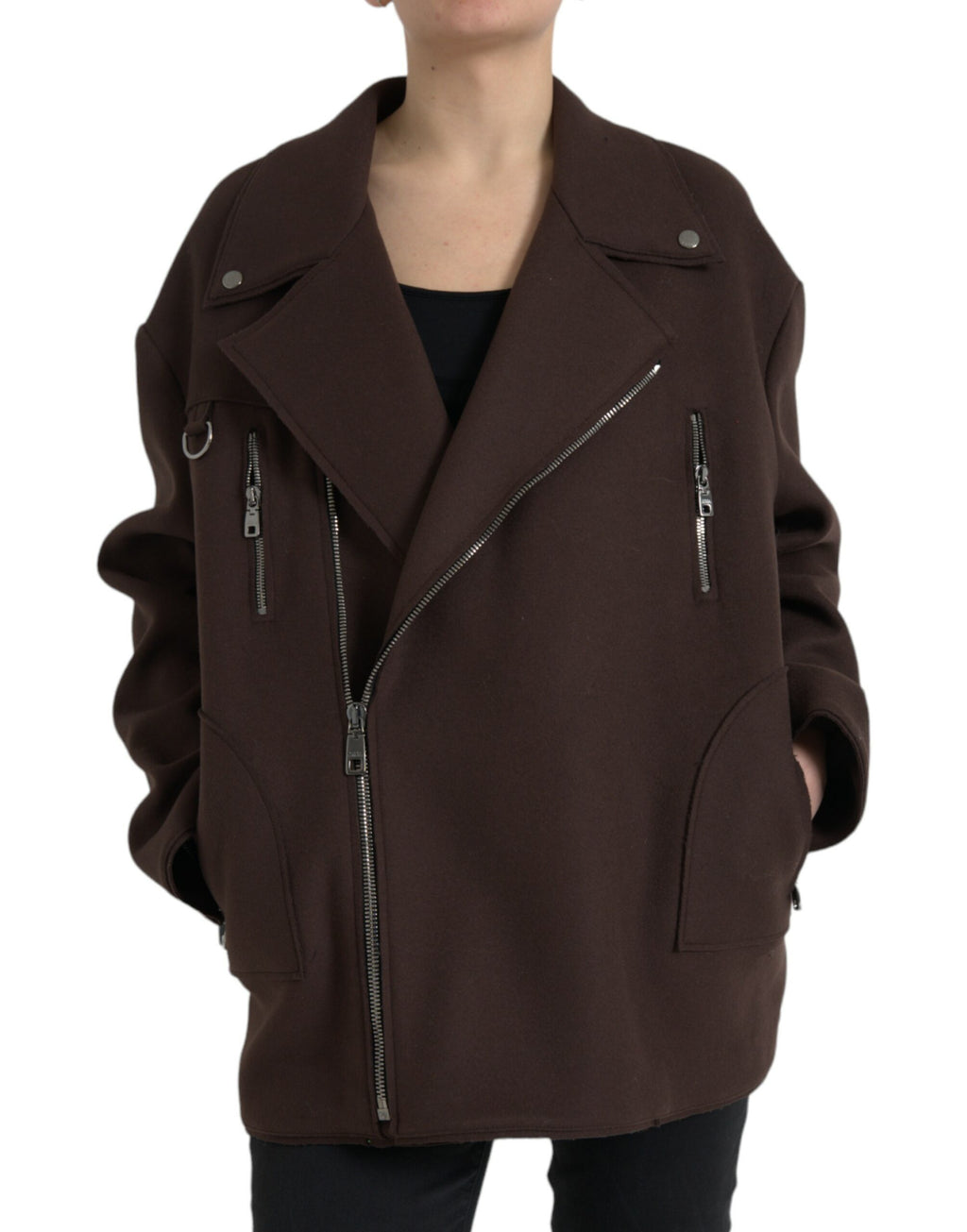 Veste Biker Courte en Laine Marron Dolce & Gabbana