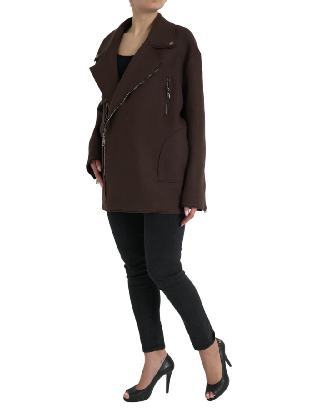 Veste Biker Courte en Laine Marron Dolce & Gabbana