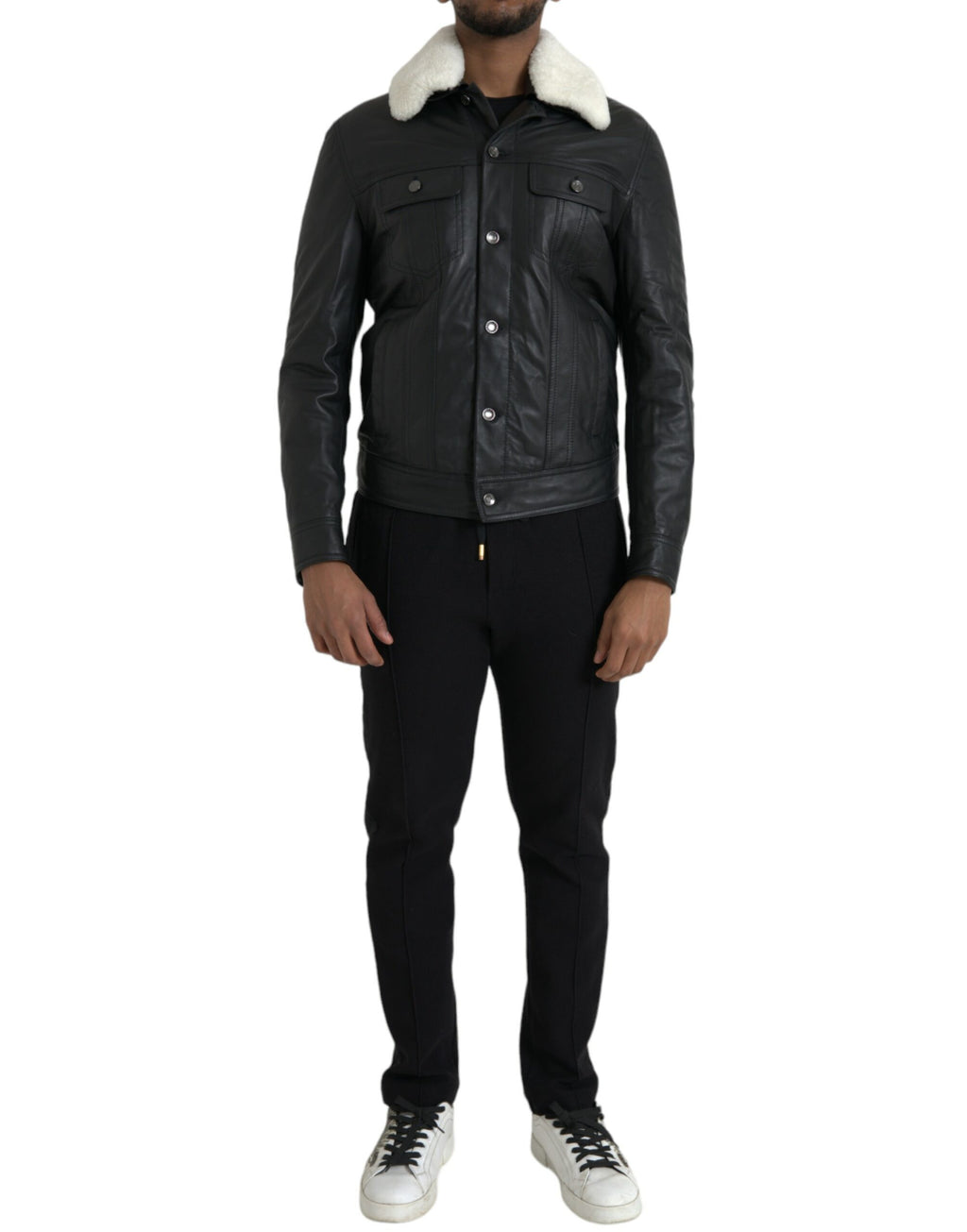 Manteau Veste de motard en cuir noir Dolce & Gabbana avec col en fourrure