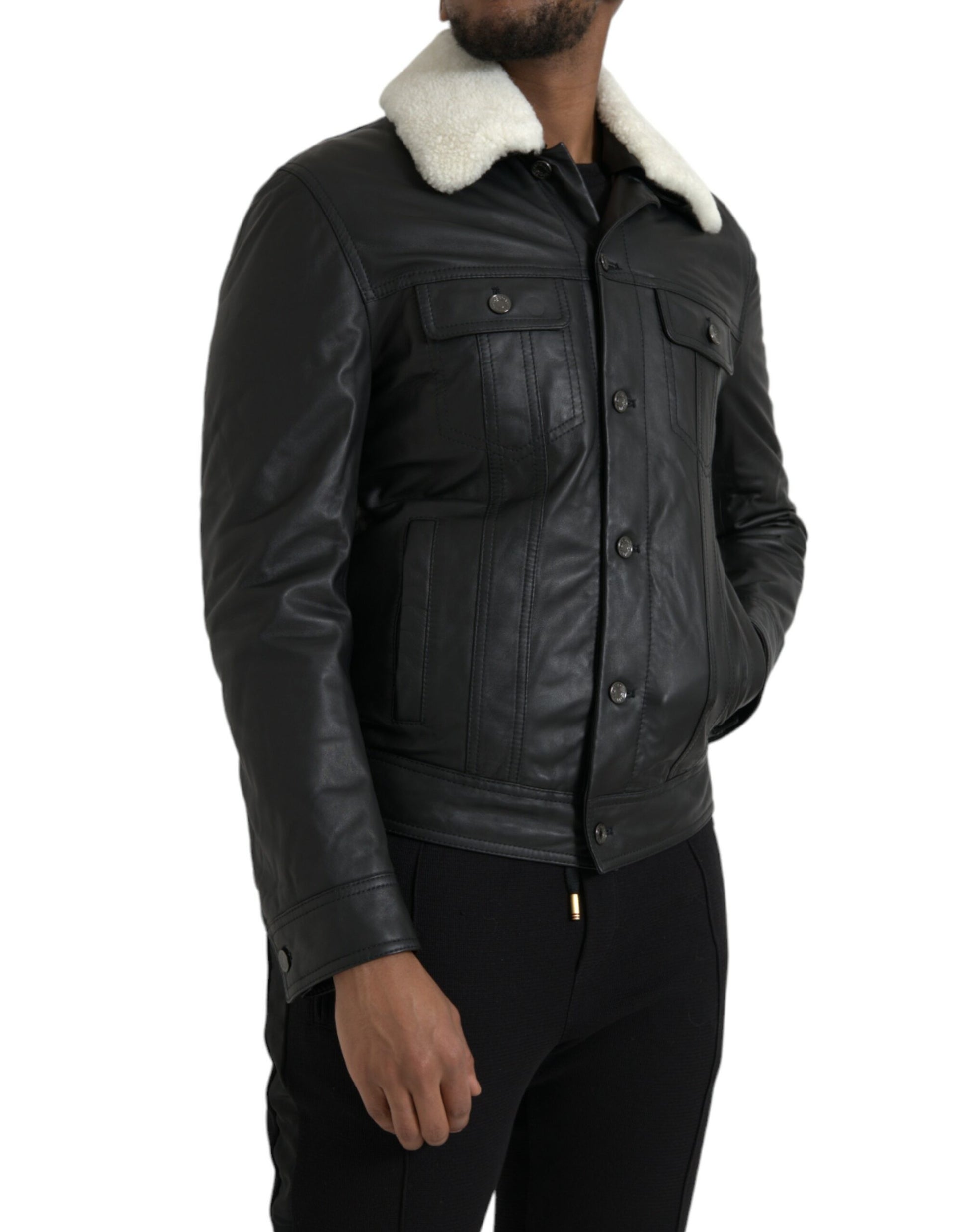 Manteau Veste de motard en cuir noir Dolce & Gabbana avec col en fourrure