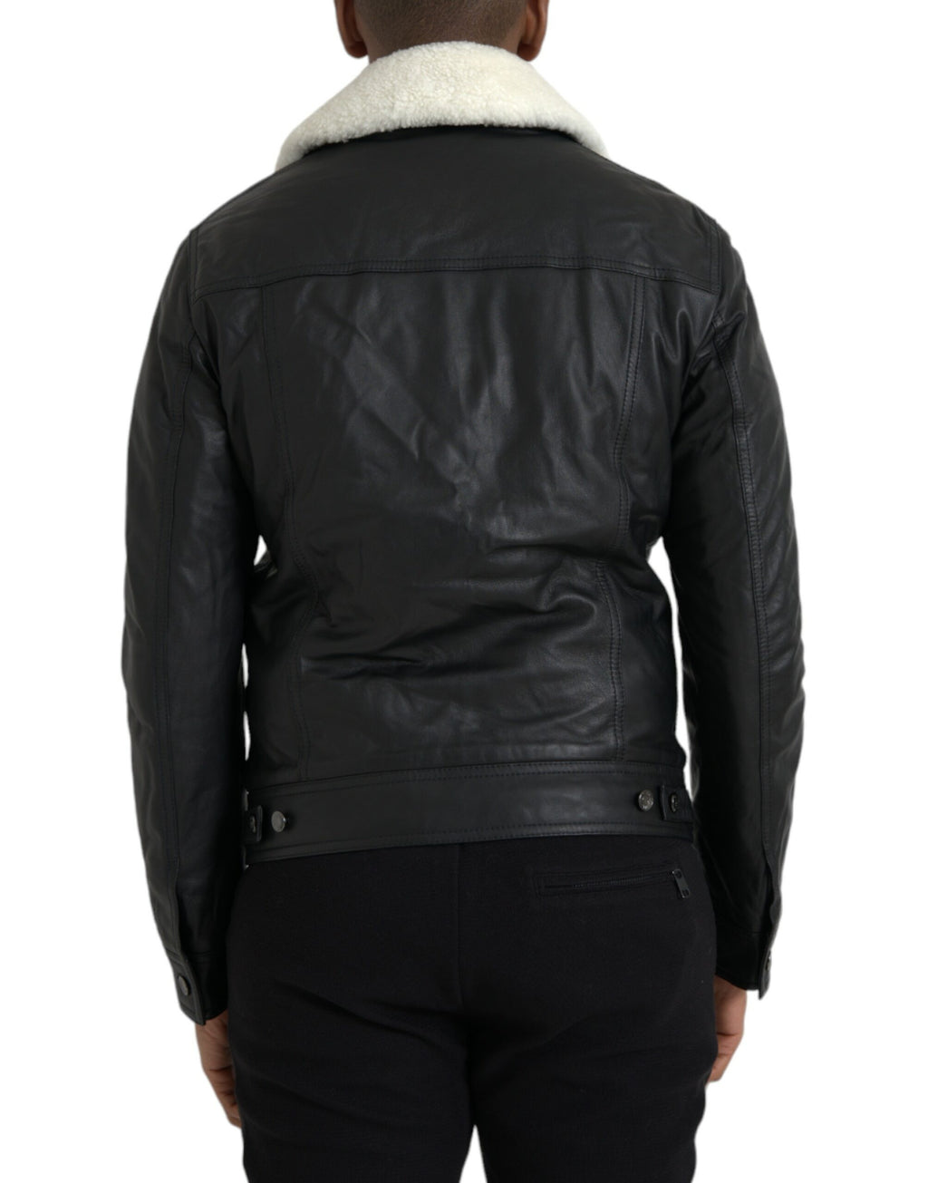 Manteau Veste de motard en cuir noir Dolce & Gabbana avec col en fourrure