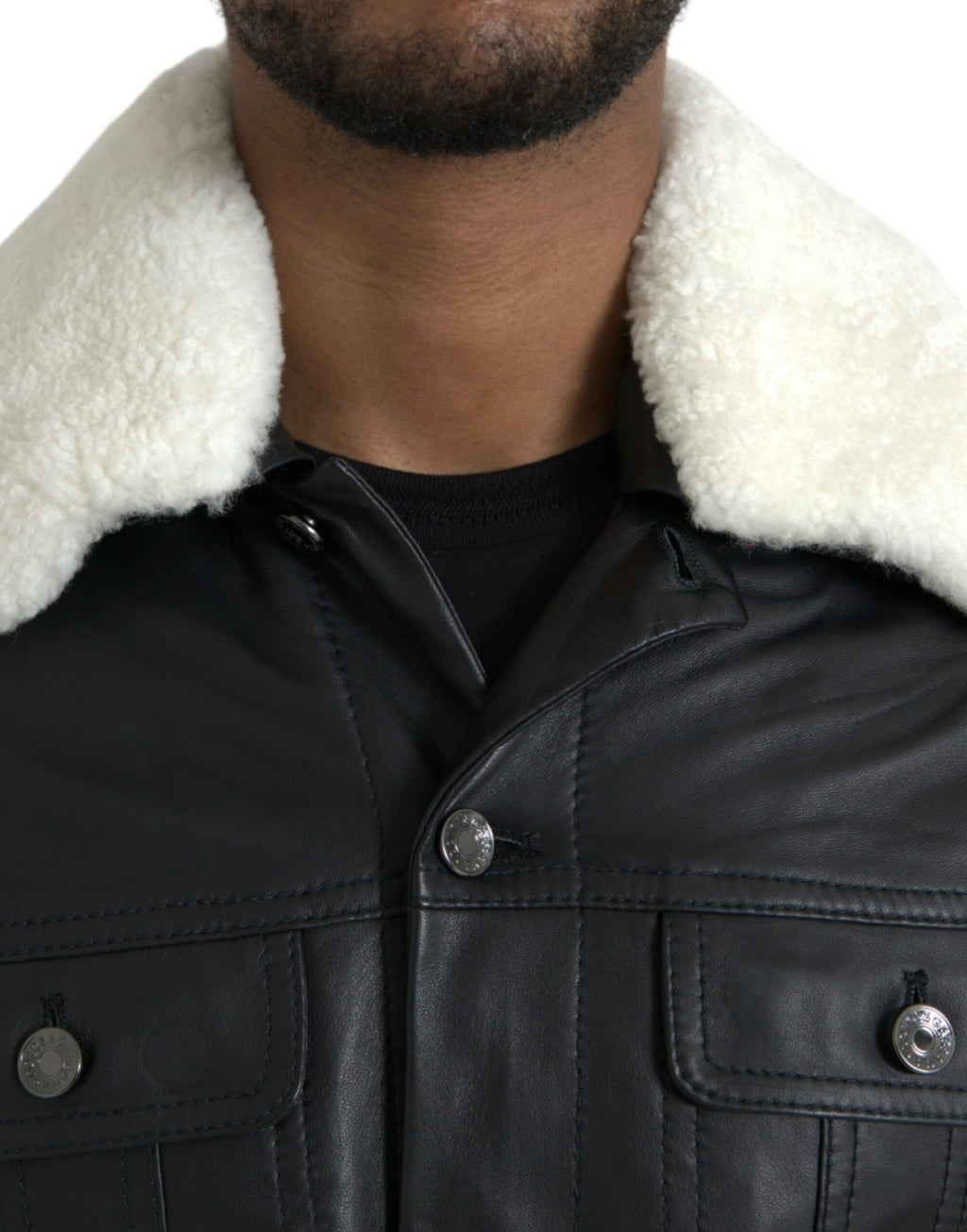 Manteau Veste de motard en cuir noir Dolce & Gabbana avec col en fourrure