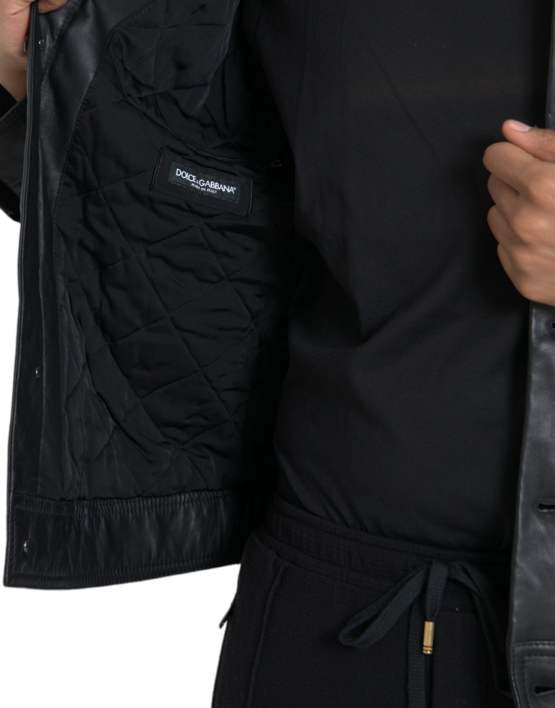 Manteau Veste de motard en cuir noir Dolce & Gabbana avec col en fourrure