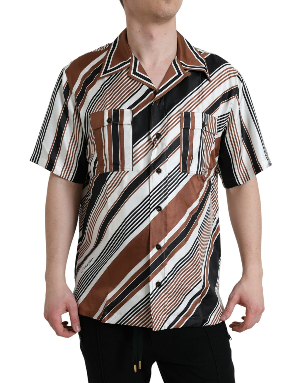Chemise Dolce & Gabbana en soie rayée marron et blanche à manches courtes
