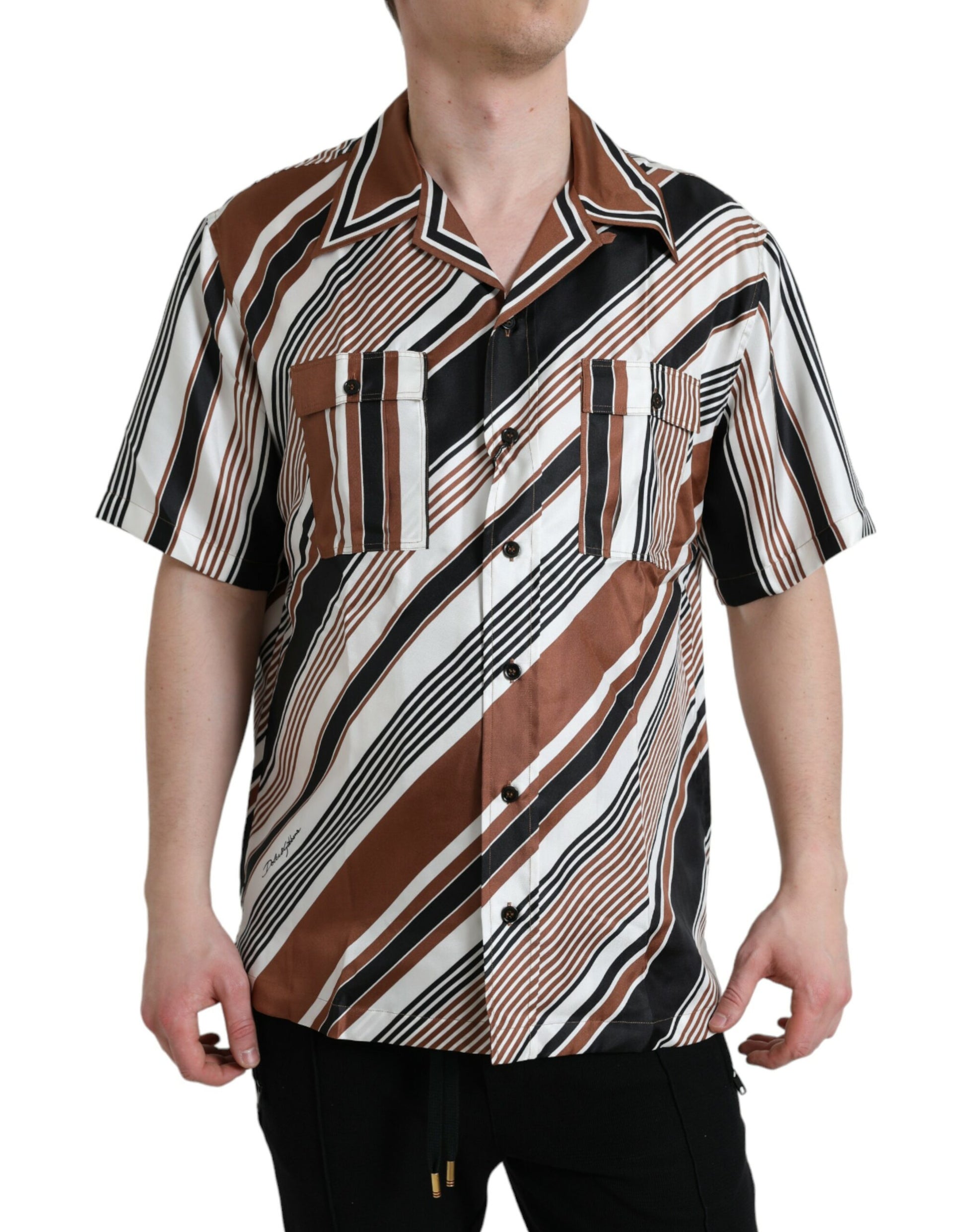 Chemise Dolce & Gabbana en soie rayée marron et blanche à manches courtes