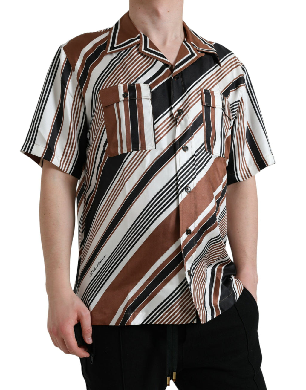 Chemise Dolce & Gabbana en soie rayée marron et blanche à manches courtes