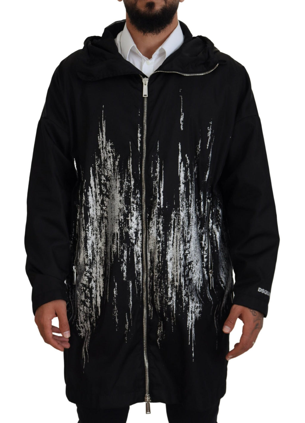 Dsquared² Manteau long à capuche imprimé noir et blanc en nylon