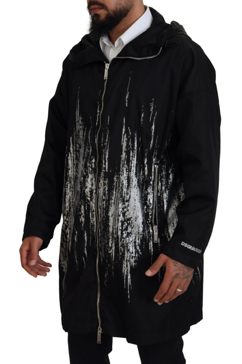 Dsquared² Manteau long à capuche imprimé noir et blanc en nylon