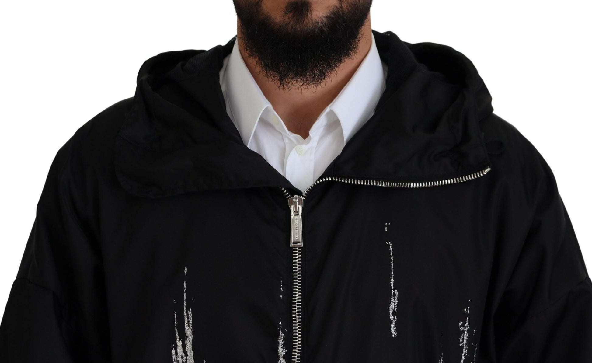 Dsquared² Manteau long à capuche imprimé noir et blanc en nylon