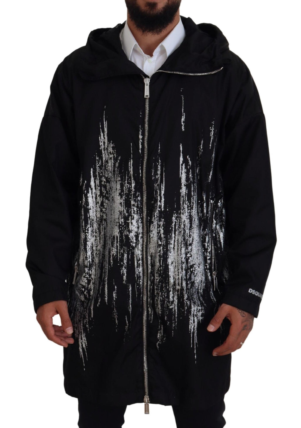 Dsquared² Manteau long à capuche imprimé noir et blanc en nylon