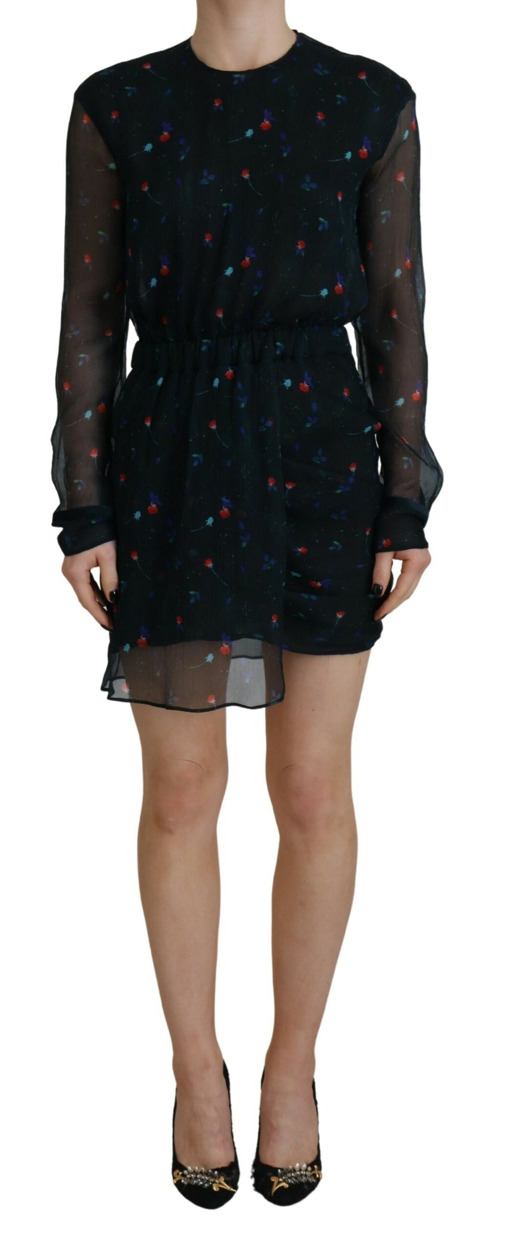 Robe Courte Fourreau Dsquared² Noire en Soie à Manches Longues et Imprimé Floral