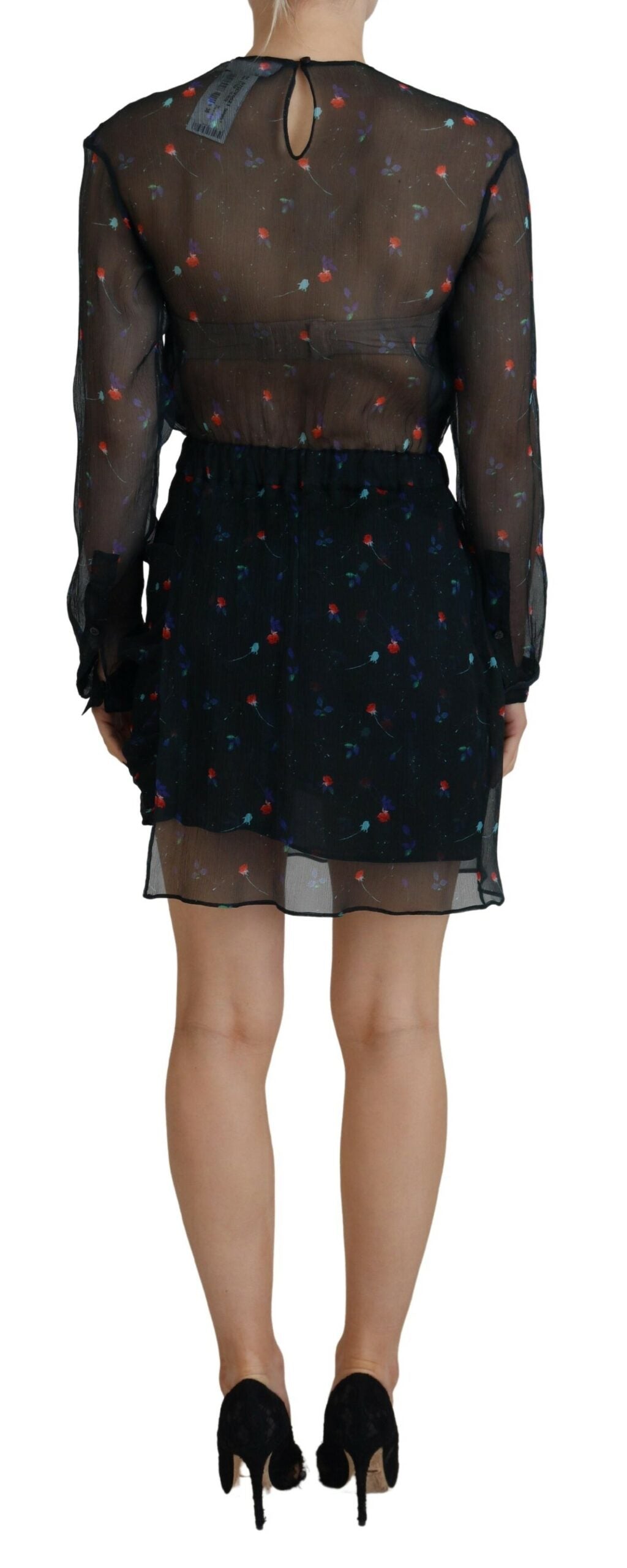 Robe Courte Fourreau Dsquared² Noire en Soie à Manches Longues et Imprimé Floral