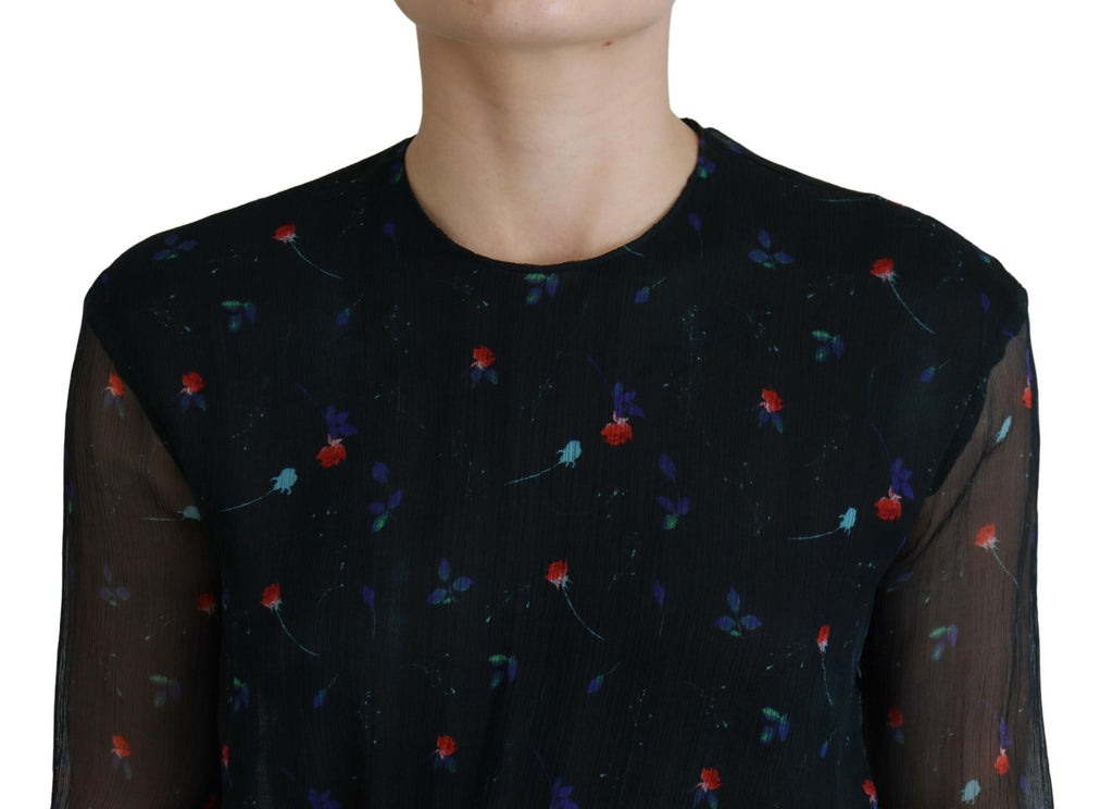 Robe Courte Fourreau Dsquared² Noire en Soie à Manches Longues et Imprimé Floral