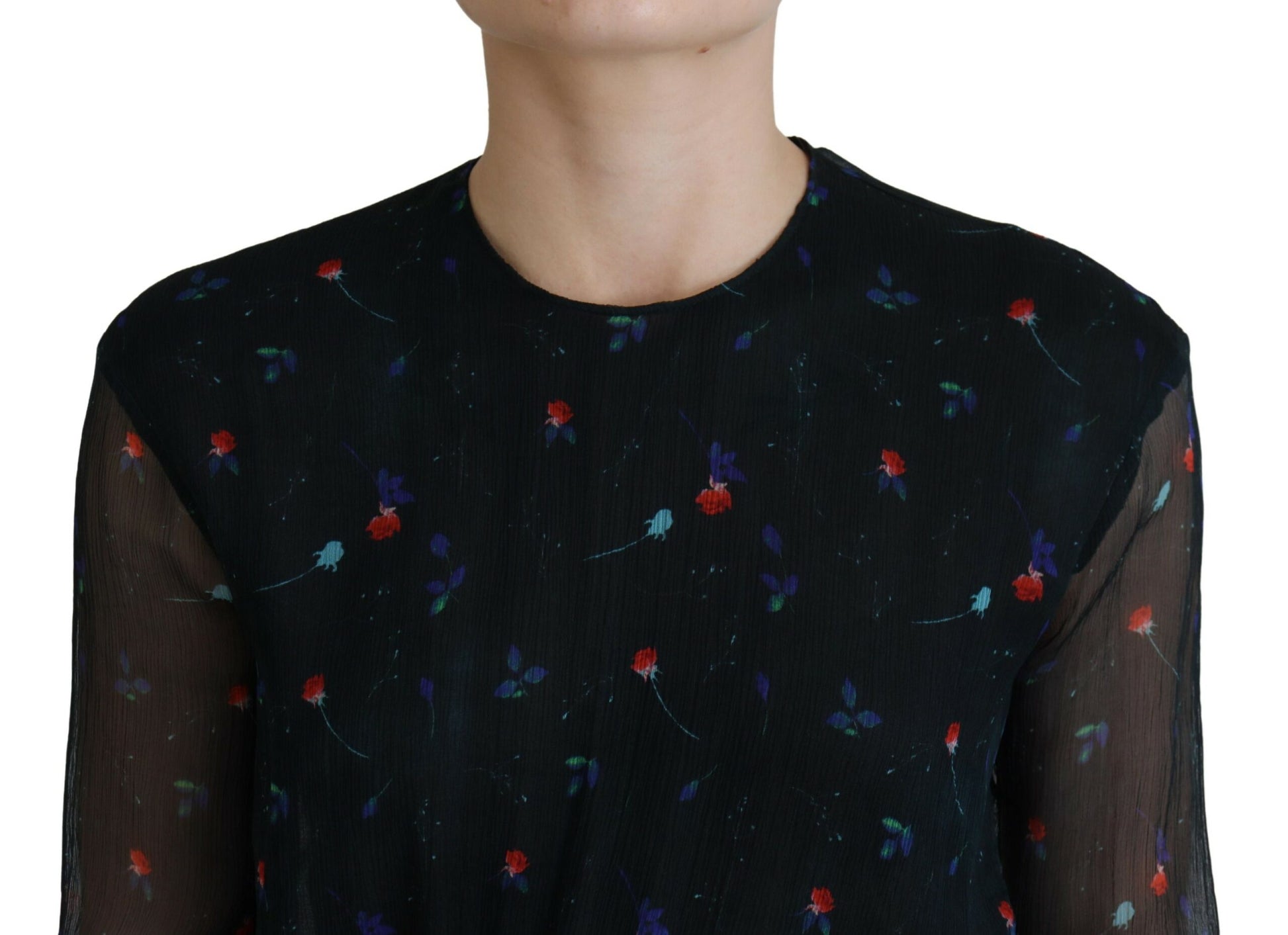 Robe Courte Fourreau Dsquared² Noire en Soie à Manches Longues et Imprimé Floral