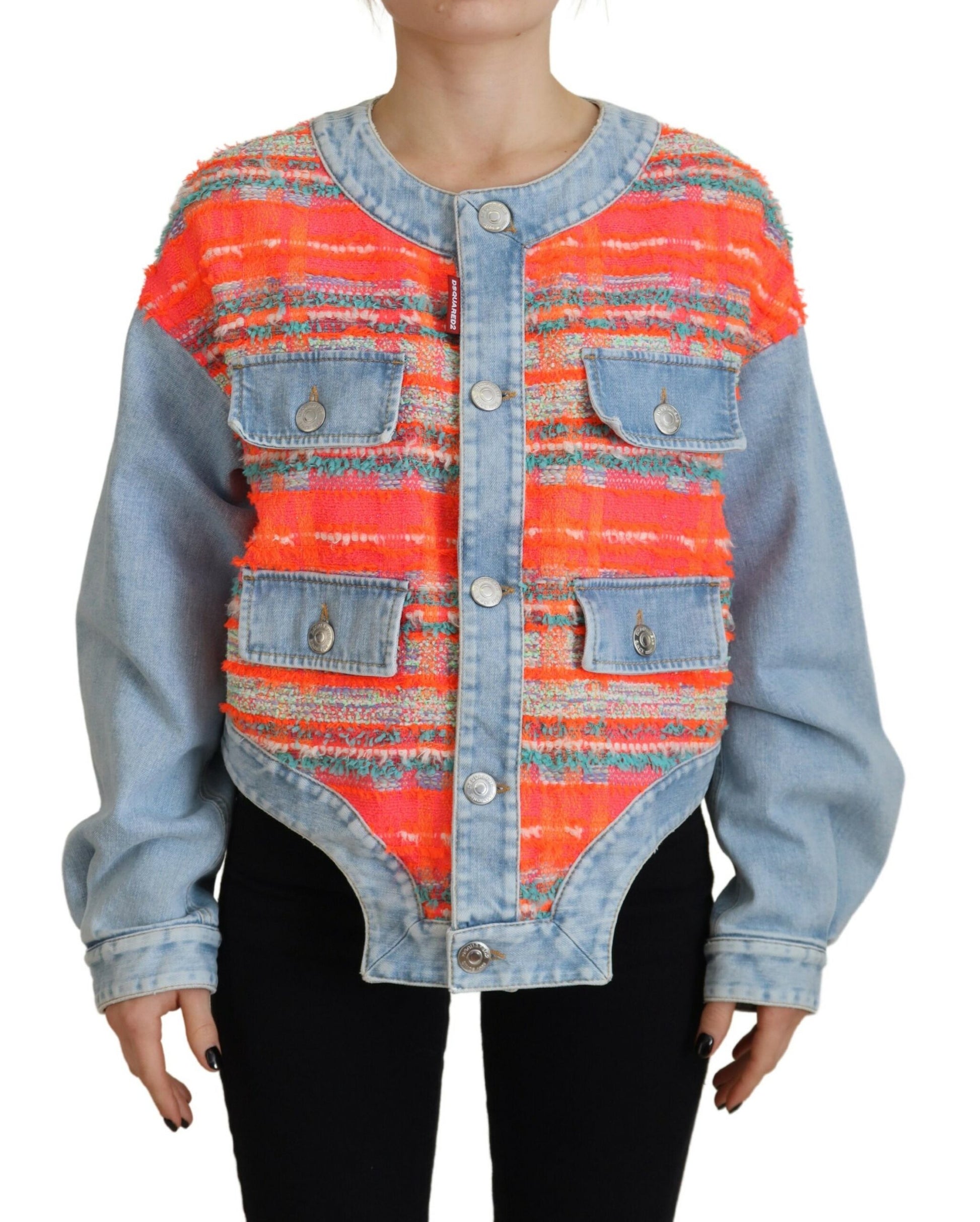 Veste en jean Dsquared² orange et bleue à panneaux boutonnée sur le devant