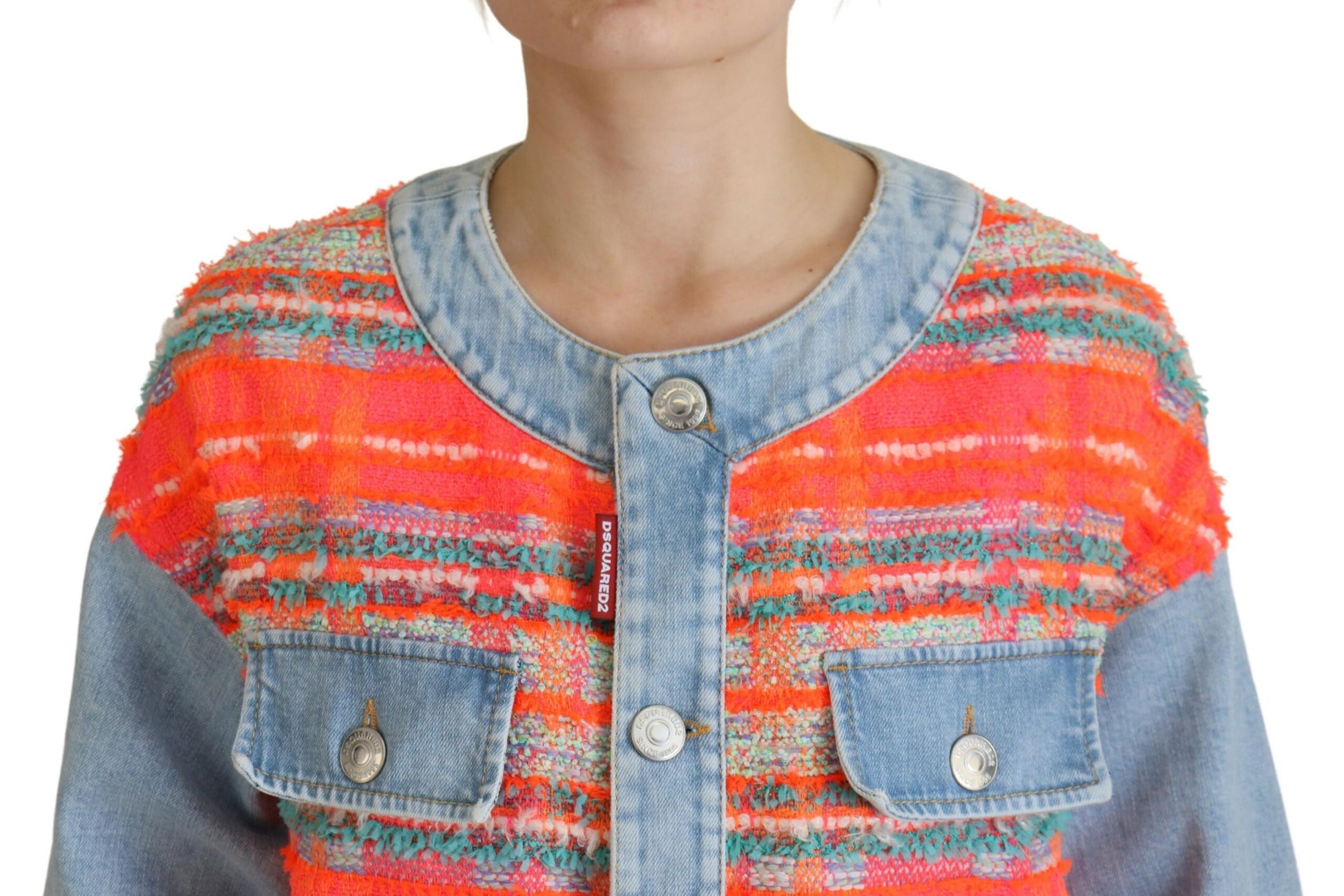 Veste en jean Dsquared² orange et bleue à panneaux boutonnée sur le devant