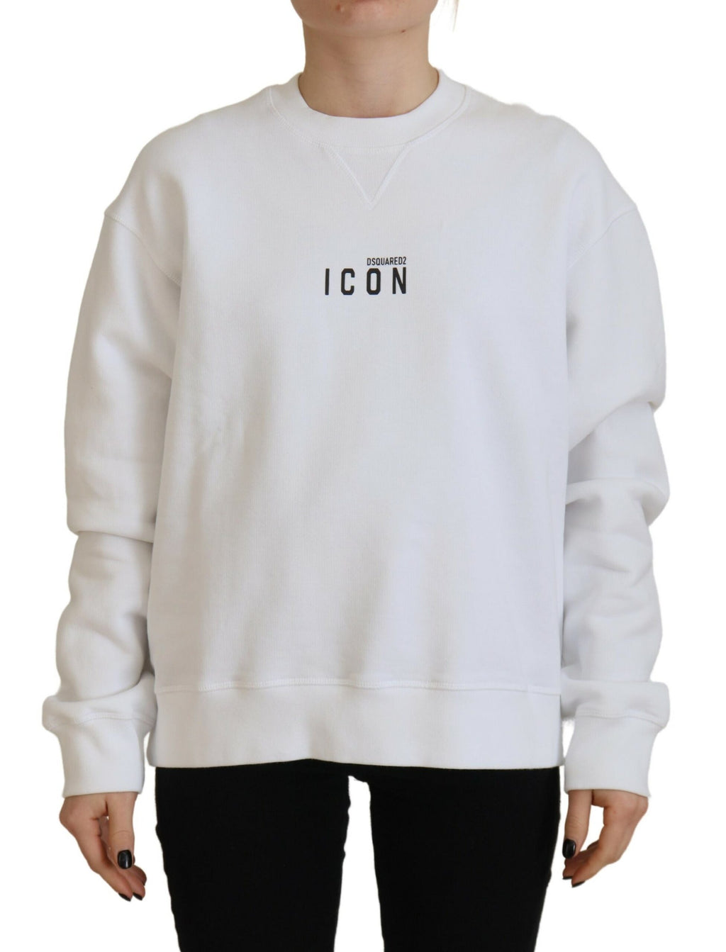 Pull col rond à manches longues en coton blanc imprimé Dsquared²