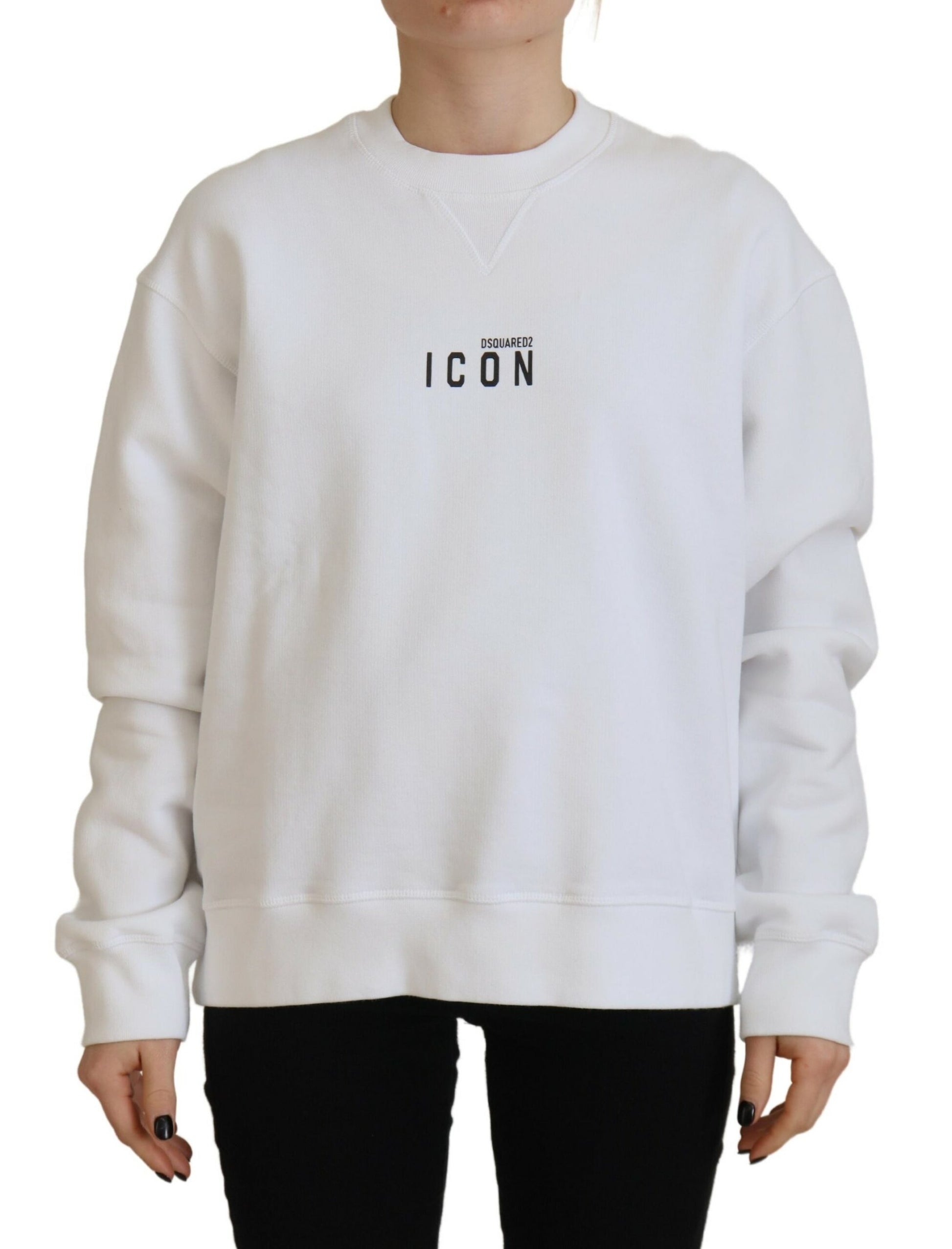 Pull col rond à manches longues en coton blanc imprimé Dsquared²