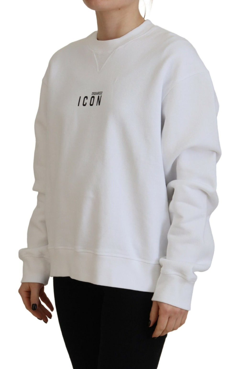 Pull col rond à manches longues en coton blanc imprimé Dsquared²