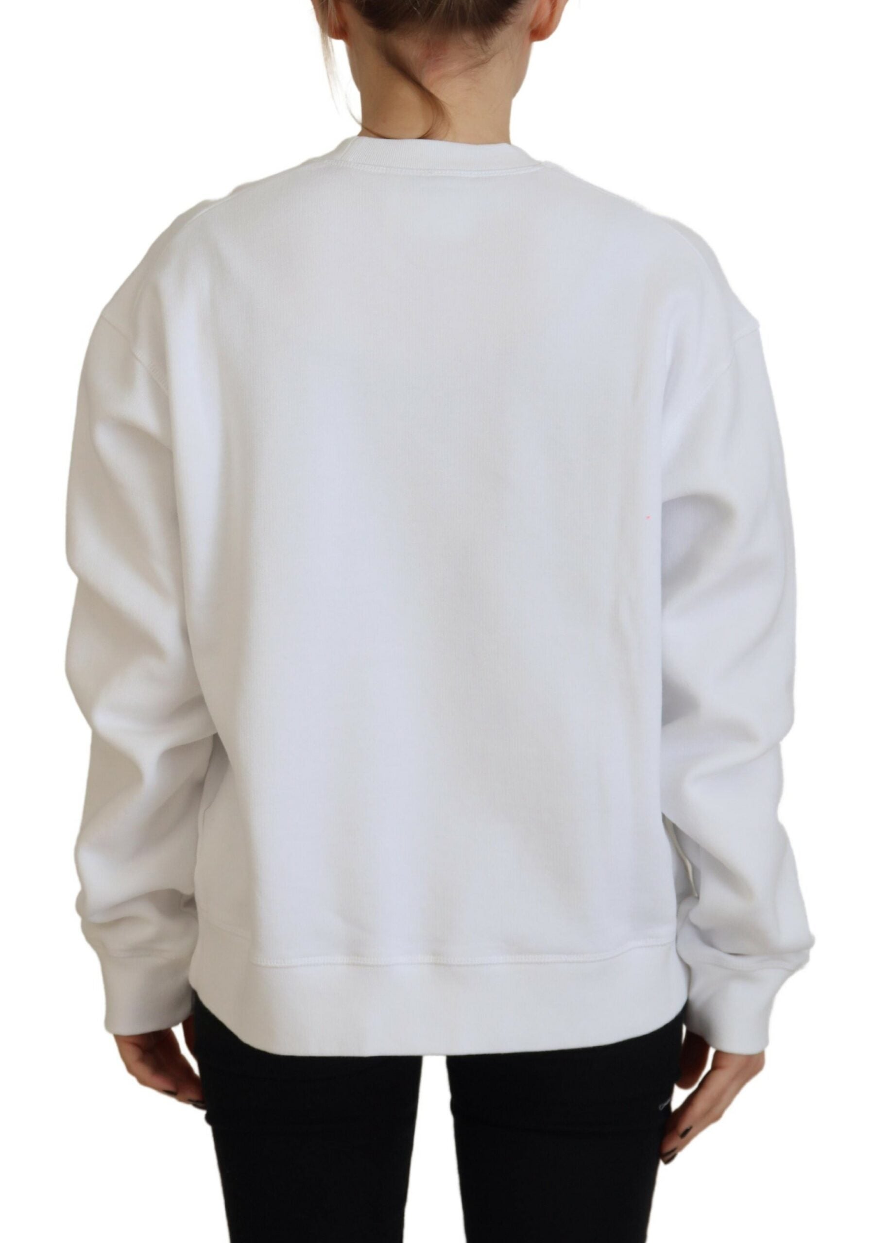 Pull col rond à manches longues en coton blanc imprimé Dsquared²