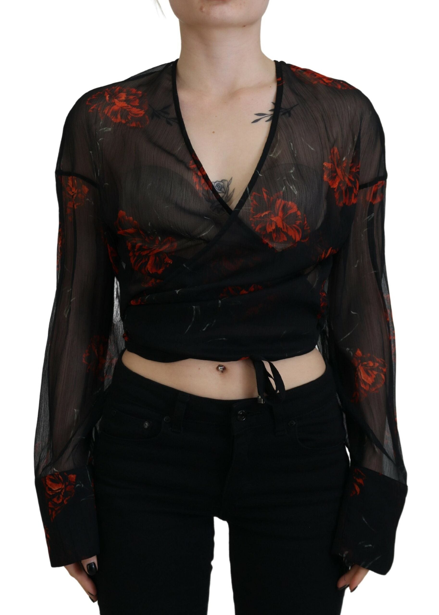 Haut cache-cœur court à manches longues noir imprimé floral Dsquared²