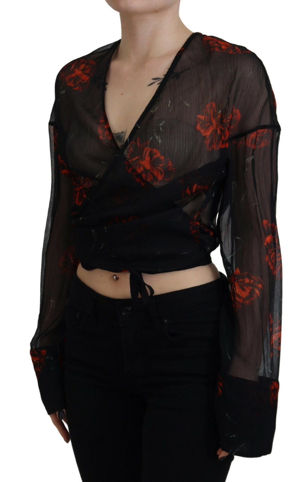 Haut cache-cœur court à manches longues noir imprimé floral Dsquared²