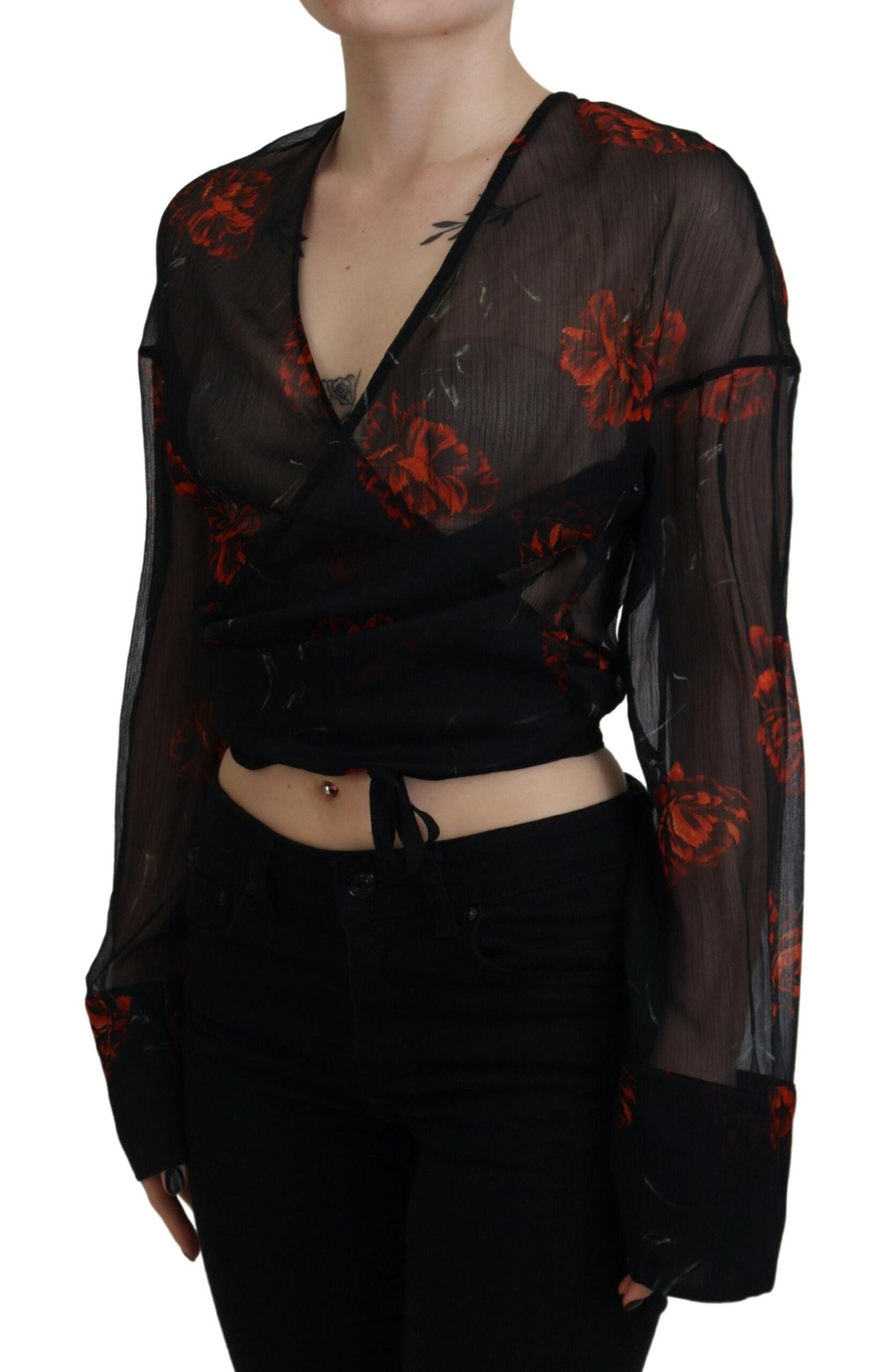 Haut cache-cœur court à manches longues noir imprimé floral Dsquared²