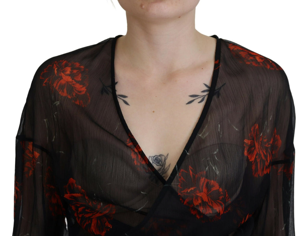 Haut cache-cœur court à manches longues noir imprimé floral Dsquared²