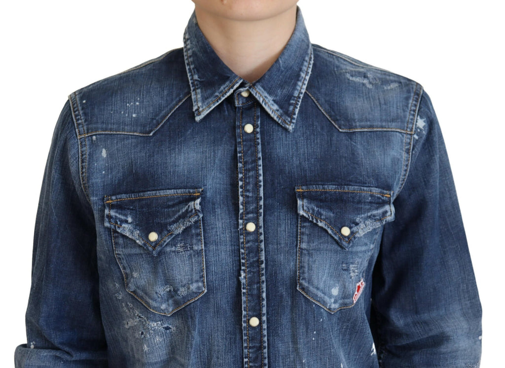 Chemise en jean Dsquared² en coton délavé bleu, col boutonné
