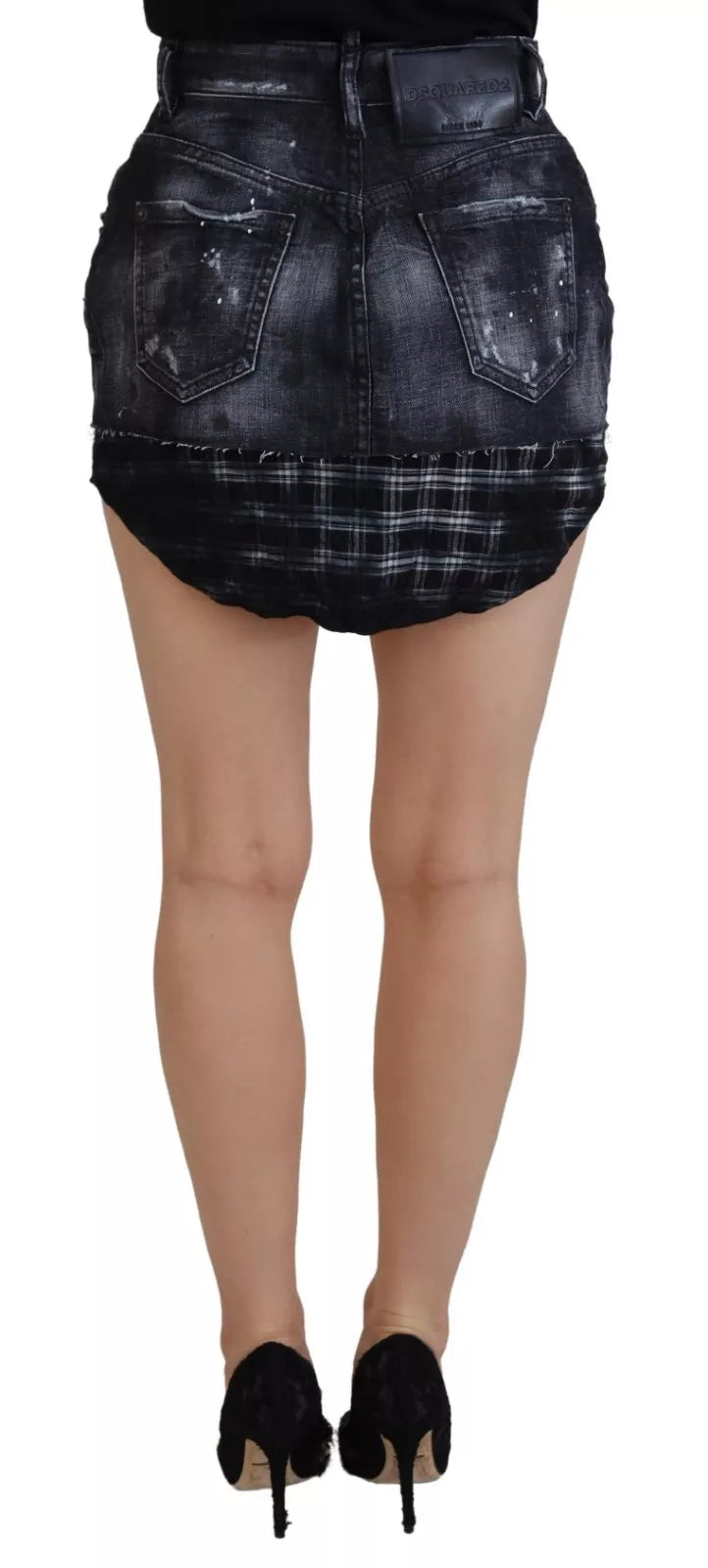 Mini-jupe en jean trapèze taille haute à carreaux noirs Dsquared²