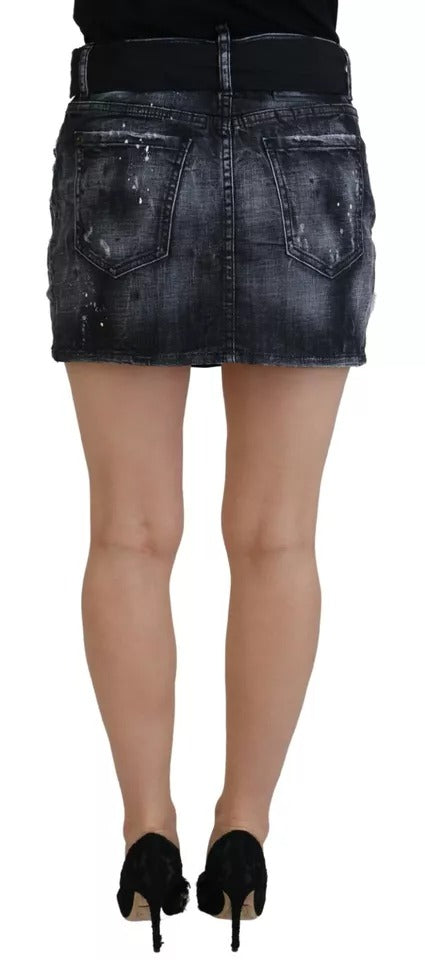 Mini-jupe en jean trapèze taille mi-haute Dsquared² noire vieillie