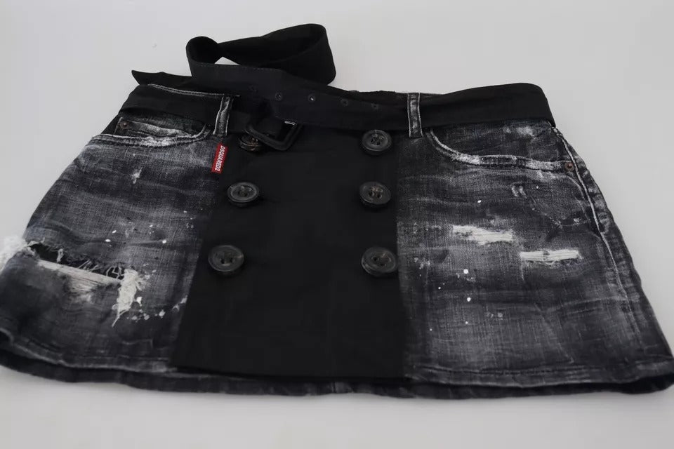 Mini-jupe en jean trapèze taille mi-haute Dsquared² noire vieillie